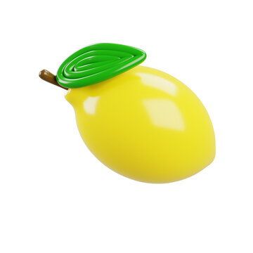 Smooth glossy lemon with bright green leaf, presented on a white background in a stylized modern 3D rendering emphasizing freshness and vibrant color.