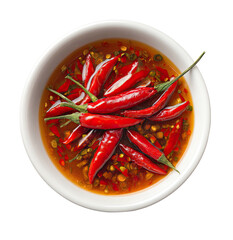 Red chili peppers in a white bowl with a spicy sauce