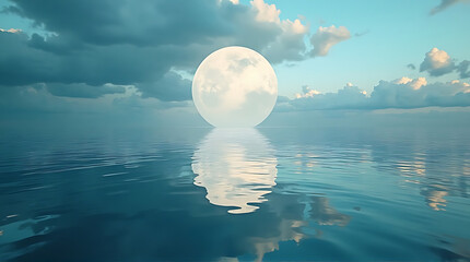 A large full moon reflects on the calm ocean surface under a dramatic sky with both blue and dark clouds.