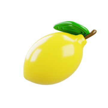 Bright glossy yellow lemon with a green leaf on a clean white background, illustrated in a smooth modern 3D style for freshness.