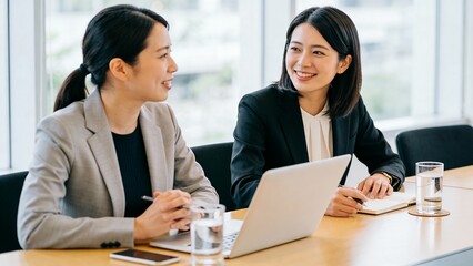 ノートパソコンを前に談笑する二人のビジネスウーマン