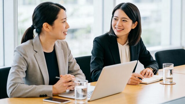 ノートパソコンを前に談笑する二人のビジネスウーマン