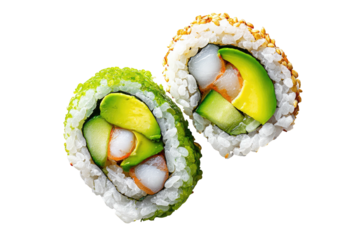 Two sushi rolls with avocado and cucumber, vibrant rice