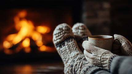 Cozy wool socks and knitted gloves hold warm cup near glowing fireplace, creating comforting and relaxing winter atmosphere