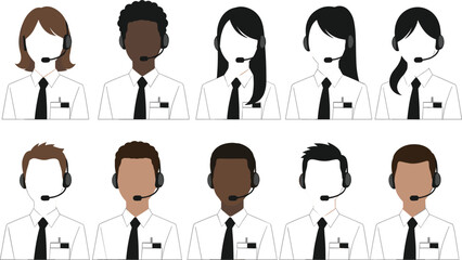 Diverse call center operators wearing headsets in professional attire representing customer support, communication service, and technical assistance team