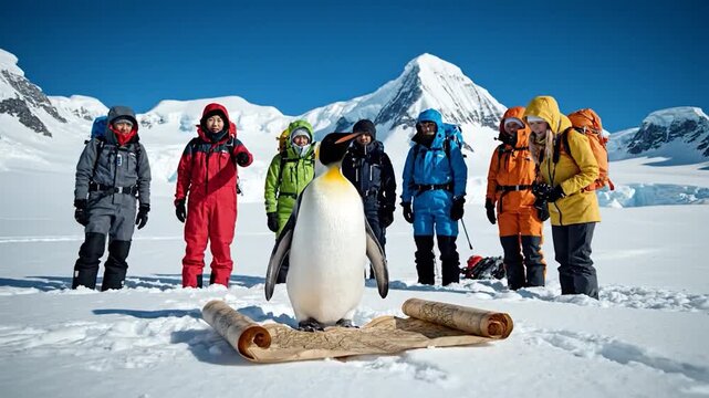 Penguin and diverse explorers study old map on snowy mountain landscape clear blue sky adventure expedition discovery journey