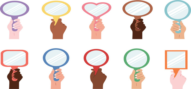 Diverse hands holding various handheld mirrors in different shapes and colors, representing beauty, self-care, reflection, and cosmetic tools illustration