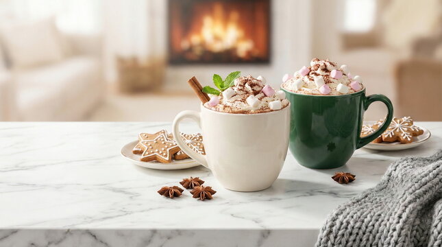 Cozy hot chocolate mugs with whipped cream, marshmallows, and gingerbread cookies on a marble table. Fireplace warmth creates a comforting winter holiday scene. - Powered by Adobe