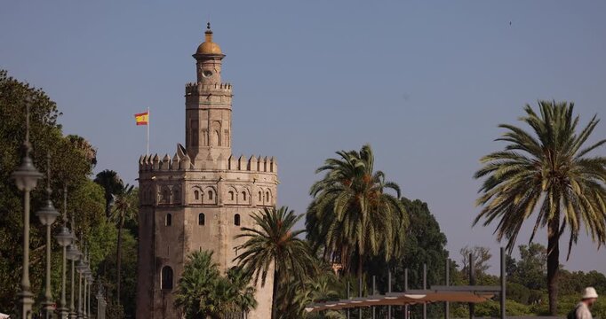 Afternoon view of the mid evil 13th century Moorish tower Torre del Oro in the old town of Seville, Andalusia, Spain.