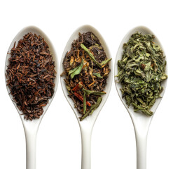 Three spoons filled with different loose leaf tea types