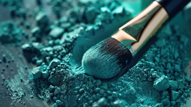 A close-up of a brush dipping into a container of blue powder.