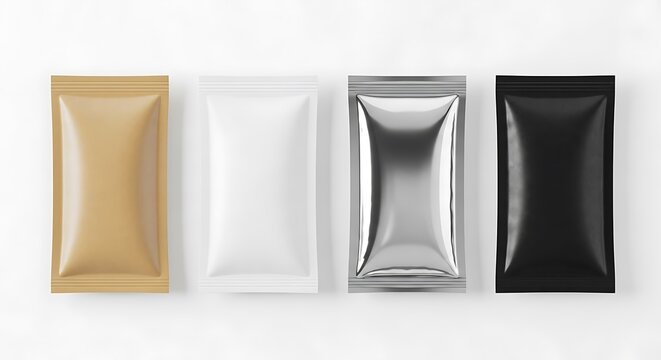 Four single serving foil packets in brown white silver and black sachet
