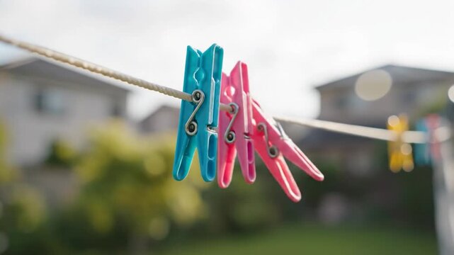Colorful plastic clothes pegs on rope clothesline outdoors daytime