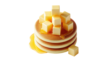 Stacked pancakes covered in melting butter and dripping syrup