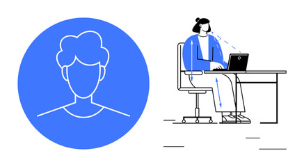 Workplace ergonomics concept. Workplace ergonomics demonstrate proper computer use and posture. Workplace ergonomics ensure comfort, productivity, and health. Suitable for office design, education