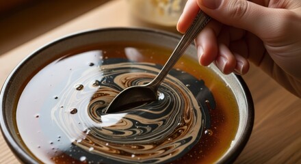 Fototapeta premium Hand holding spoon stirring coffee or chocolate sauce in a bowl on a wooden table.