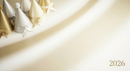 Elegant golden and silver party hats celebrate New Year 2026 with festive cheer