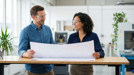 Smiling man and woman in an industrial office review large blueprints, engaged in collaborative design and planning discussion.
