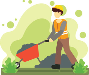 Construction worker pushing sand wheelbarrow illustration