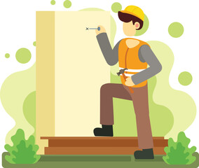 Handyman fixing wall with hammer and nail illustration