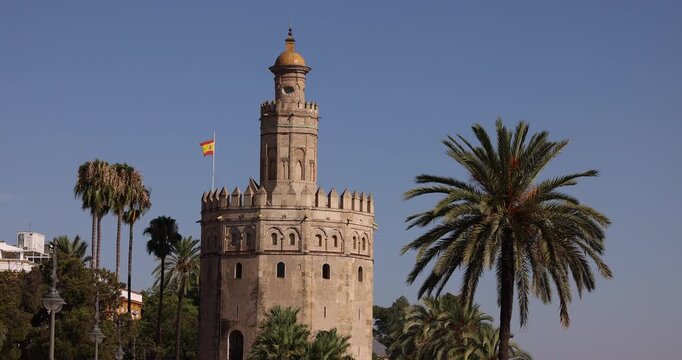 Afternoon view of the mid evil 13th century Moorish tower Torre del Oro in the old town of Seville, Andalusia, Spain.