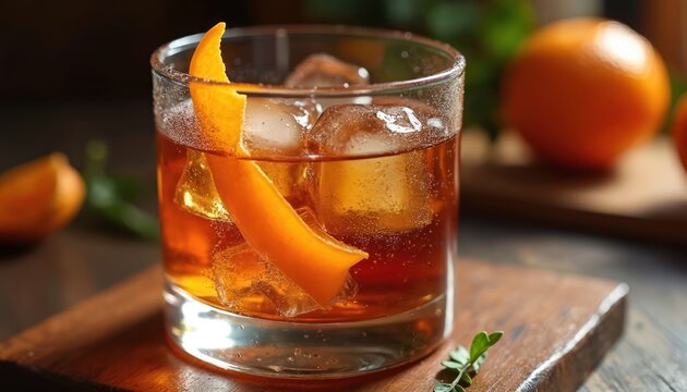 Amber cocktail with ice and orange peel in glass. Dark wood background with oranges and green herb. Classic drink preparation for bar or restaurant.