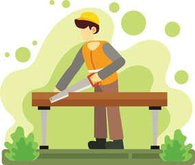Construction worker cutting wood with hand saw illustration