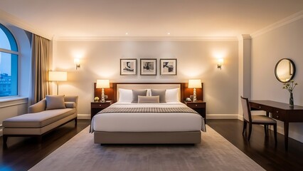 Luxurious Hotel Suite Bedroom with King Size Bed and Elegant Decor.