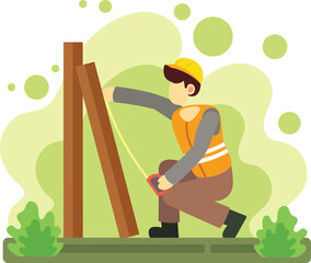 Construction worker measuring wood with tape tool illustration