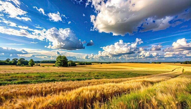 Vast Golden Wheat Field Under a Dramatic Blue Sky with Fluffy White Clouds on a Sunny Summer Day