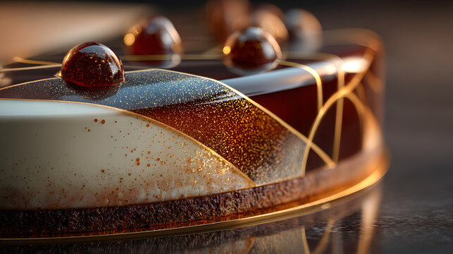 A cake with a gold trim and chocolate frosting