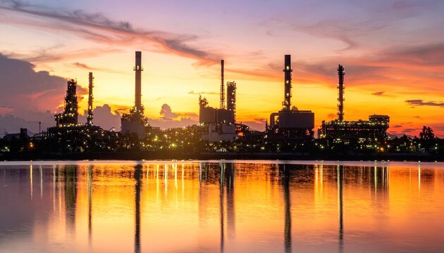 Vast Industrial Refinery Complex Silhouetted Against a Fiery Sunset Sky Reflected in Calm Water at Dusk