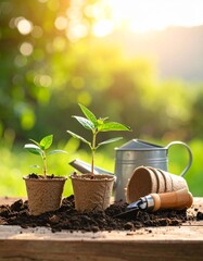 tools, young plant seedlings in biodegradable 