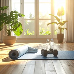 workout corner with yoga mat rolled 