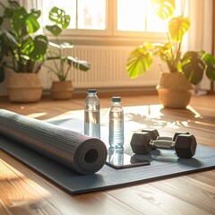 workout corner with yoga mat rolled 