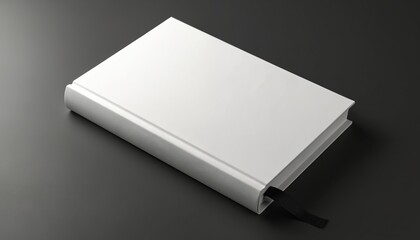 Clean white hardcover book with black ribbon bookmark rests on dark gray surface. Minimalist design, blank cover for text. Ideal for publishing, writing, or design concepts.