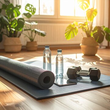 workout corner with yoga mat rolled 