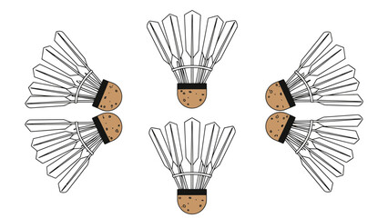 Creative Arrangement of Five Feathered Sports Shuttlecocks on White Background