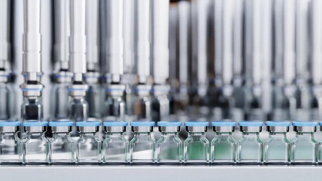 Vials moving along an automated production line in a pharmaceutical factory, symbolizing large-scale vaccine, drug, or cosmetic manufacturing and filling processes- 3D rendering