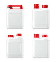 Four white bottles with red caps, plastic, arranged vertically