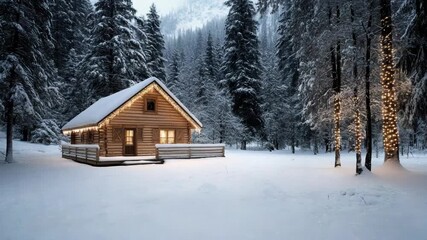 Cozy wooden cabin in snowy winter forest with pine tree lights warm glow wrapped lights - Powered by Adobe