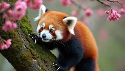 Obraz premium Red panda climbs mossy tree trunk amidst blooming pink flowers. Fluffy arboreal mammal with orange and black fur clings to bark, seeking food or shelter in spring forest habitat.