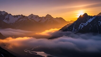 Majestic Mountain Range at Sunset with Clouds and Fog