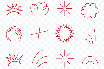 Hand drawn surprise icon element set. Comic starburst and whimsical sunshine comic effect elements. Stars and sparkles doodle set. Christmas blink, firework, glitter silhouette and glowing symbols.