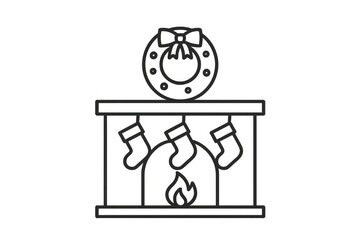 Obraz premium Christmas fireplace with hanging stockings, a festive wreath, and warming fire, celebrating seasonal holiday traditions