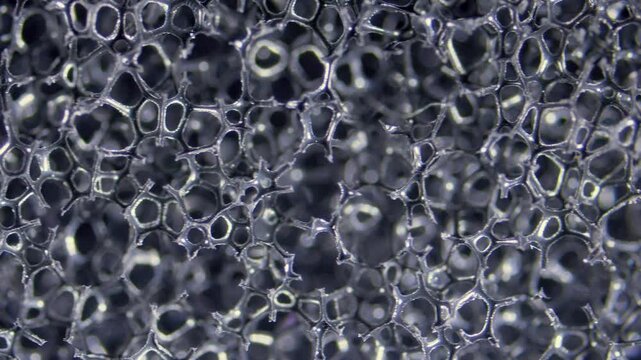 Black, open-cell polyurethane sponge structure under microscope