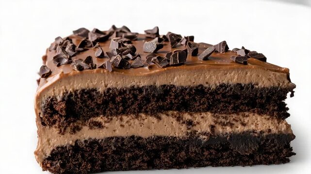 Decadent chocolate layer cake slice with creamy mousse filling and chocolate chips, inviting