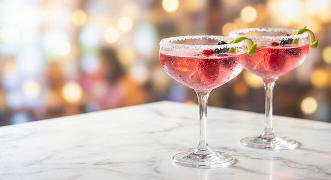 valentines day pink cocktails with berries and festive bokeh on marble background