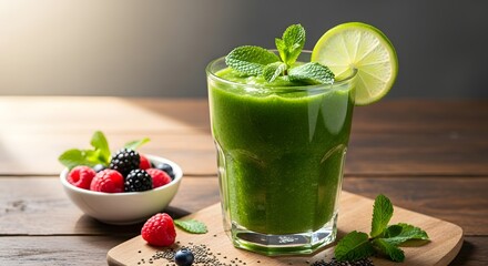 Refreshing green smoothie, expertly blended with fresh mint and a zest of lime, served alongside nutritious mixed berries, perfect for a healthy and vibrant lifestyle