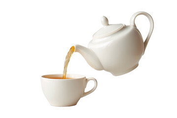 Tea pours from white teapot into a matching teacup